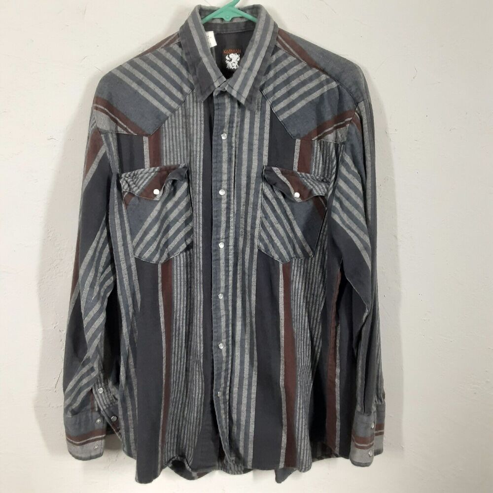 Vintage Karman Flannel Pearl Snap Shirt Mens Large Gray Plaid Long Sleeve